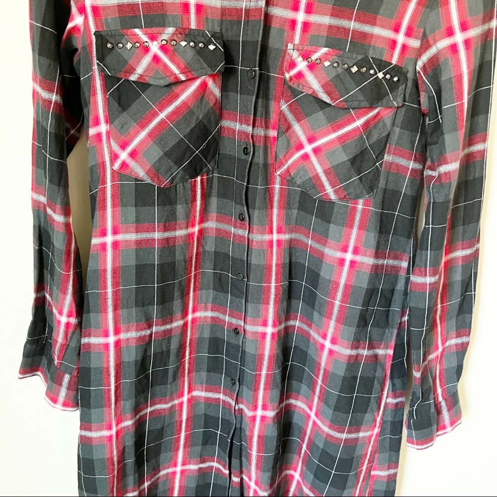 Zara Woman Premium Tartan Plaid Studded Pocket Fray Hem Shirt Dress Red Black XS - Picture 8 of 13